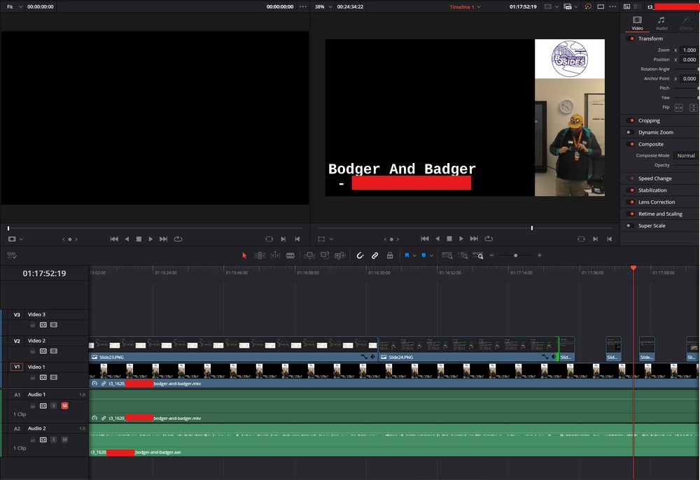 Screenshot of DaVinci Resolve in "Edit" mode.
It shows a timeline of a video called Bodger and Badger.
The display shows that not all the slides are synchronized to the talk as they are not sequential.