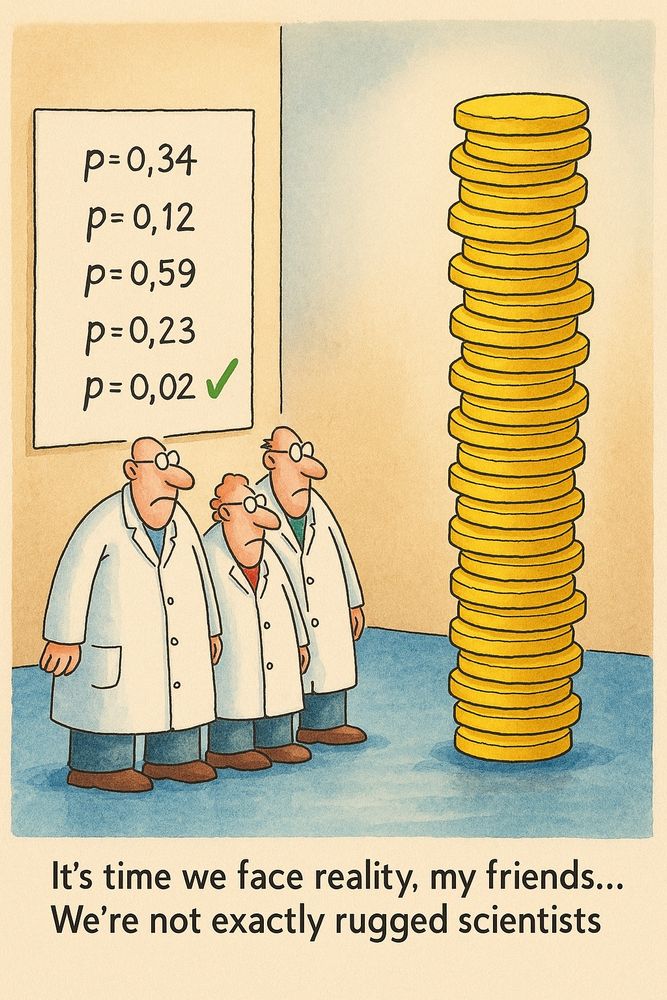 Scientists standing in front of a bunch of p-values, most large but one smaller than 0.05. 
Caption: It's time we face reality, my friends... We're not exactly rugged scientists.