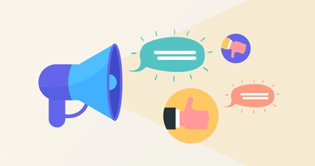 Cartoon image of a megaphone on with two speech bubbles, one thumbs up, and one thumbs down coming out of it.