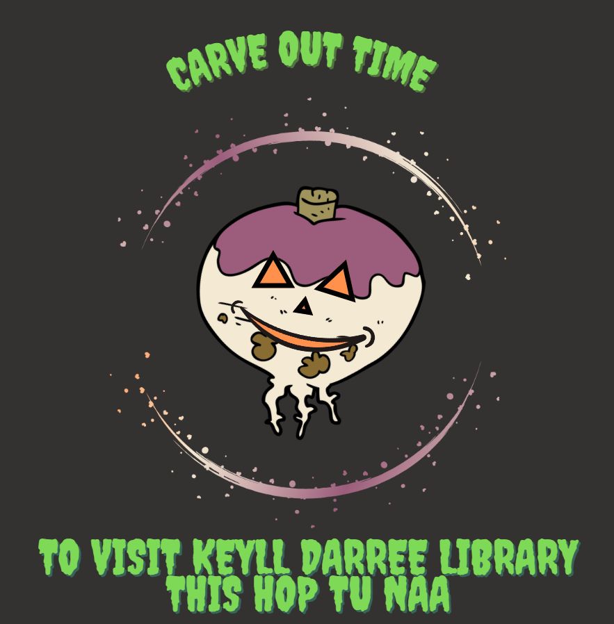 Picture of a turnip carved for hop tu naa with the words "Carve out time to visit keyll darree library this hop tu naa" in bright green font.