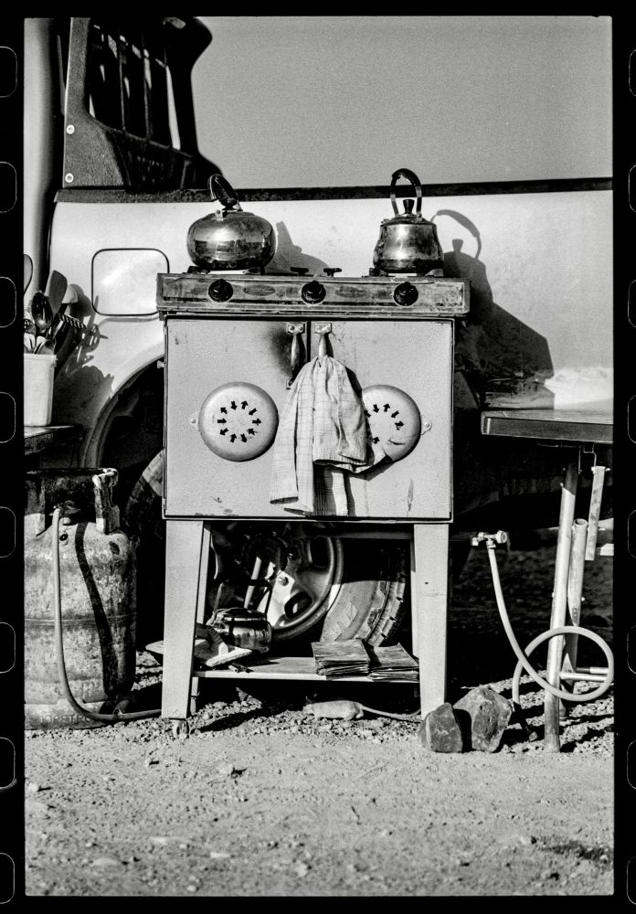 Photo of our oven, in camp, and a jird is just visible underneath it. 