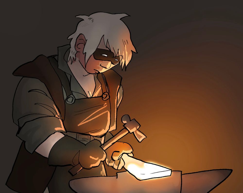 Drawing of the blacksmith (a blonde character with a port wine birthmark) forging something on an anvil