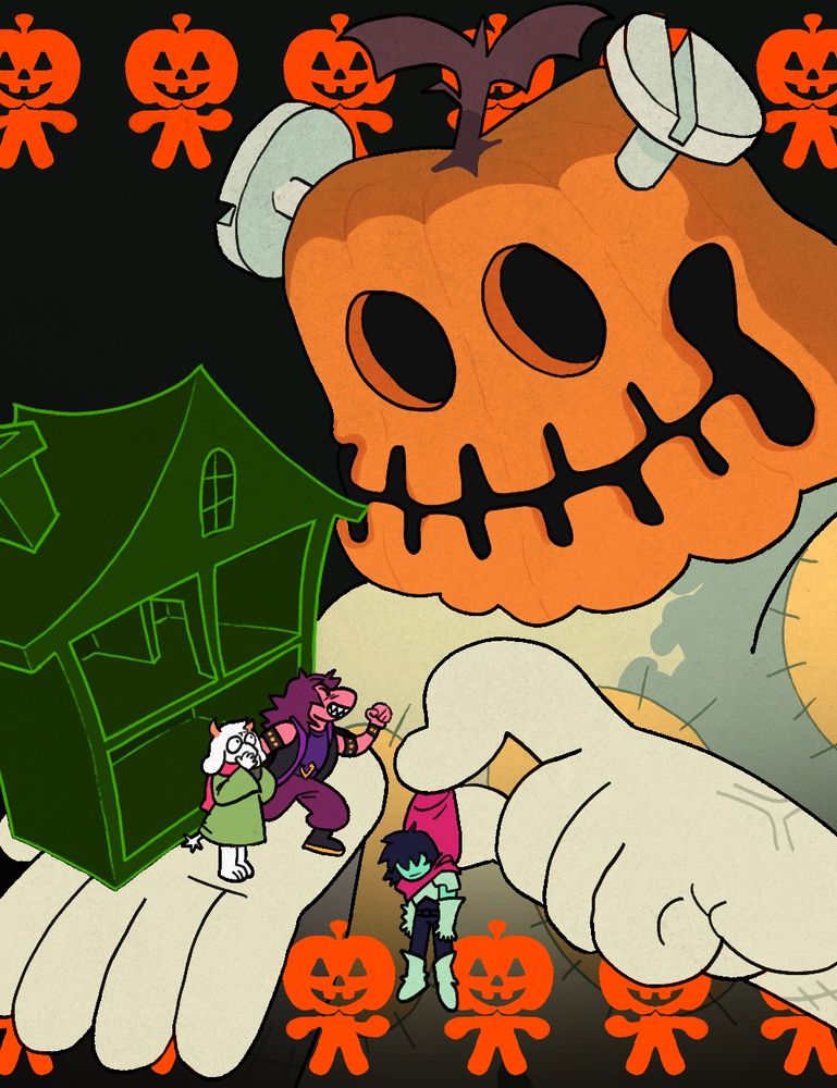 fanart of jackenstein from deltarune holding kris by their cape, while his other hand holds a green house, Susie, and ralsei 