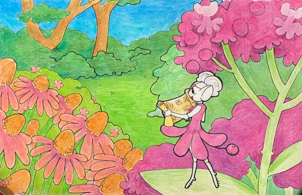 Colored pencil drawing of a fairy standing on a milkweed and holding a map, in front of a meadow with other flowers