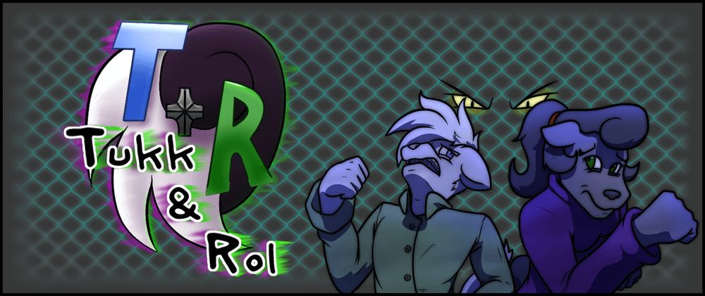The titular characters of the comic Tukk & Rol running away from a pair of glowing yellow eyes with the logo to the left of them. 