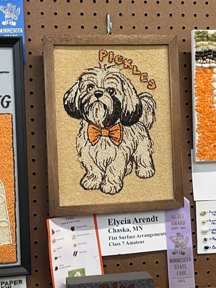 fancy puppers named Pickles in seed art