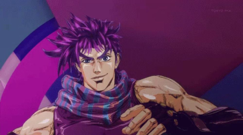 a man with purple hair and a scarf around his neck stands in front of a tokyo anime logo