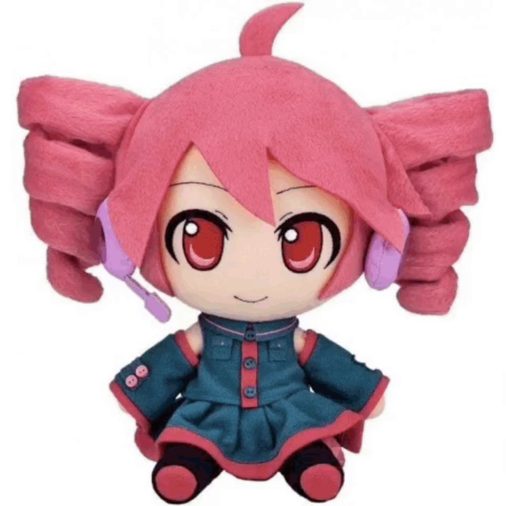 a stuffed doll with pink hair and headphones is sitting on a white background