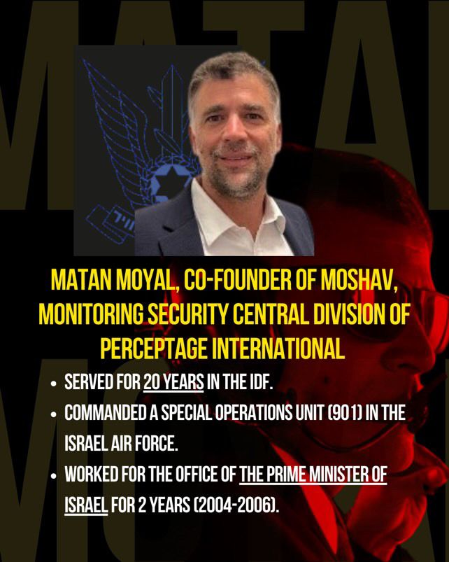 4 of 4 - Slide description: image features a photo of Matan Moyal with text that reads: Matan Moyal, co-founder of Moshav, monitoring security central division of Perceptage International.

- Served 20 years in the IDF.
- Commanded a special opperations unit (901) in the Israel Air Force.
- Worked for the office of the Prime Minister of Israel for 2 years (2004-2006).