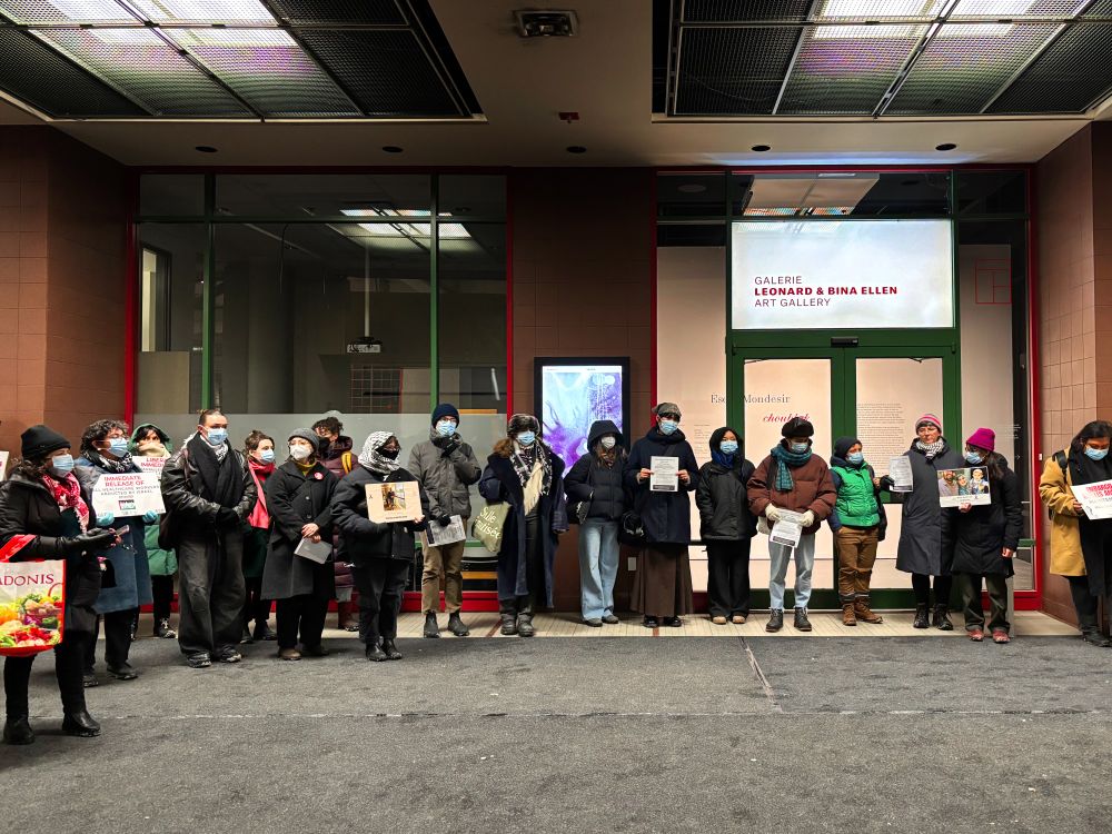 A group of protestors lined up in front of the Leonard and Bina Ellen Art Gallery in protest of Concordia's censorship of Palestine.