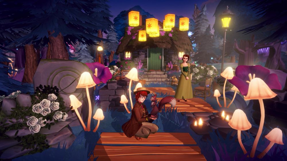 A scene from the video game Disney Dreamlight Valley. A female character kneels to the ground holding a squirrel in the woods surrounded by glowing mushrooms.