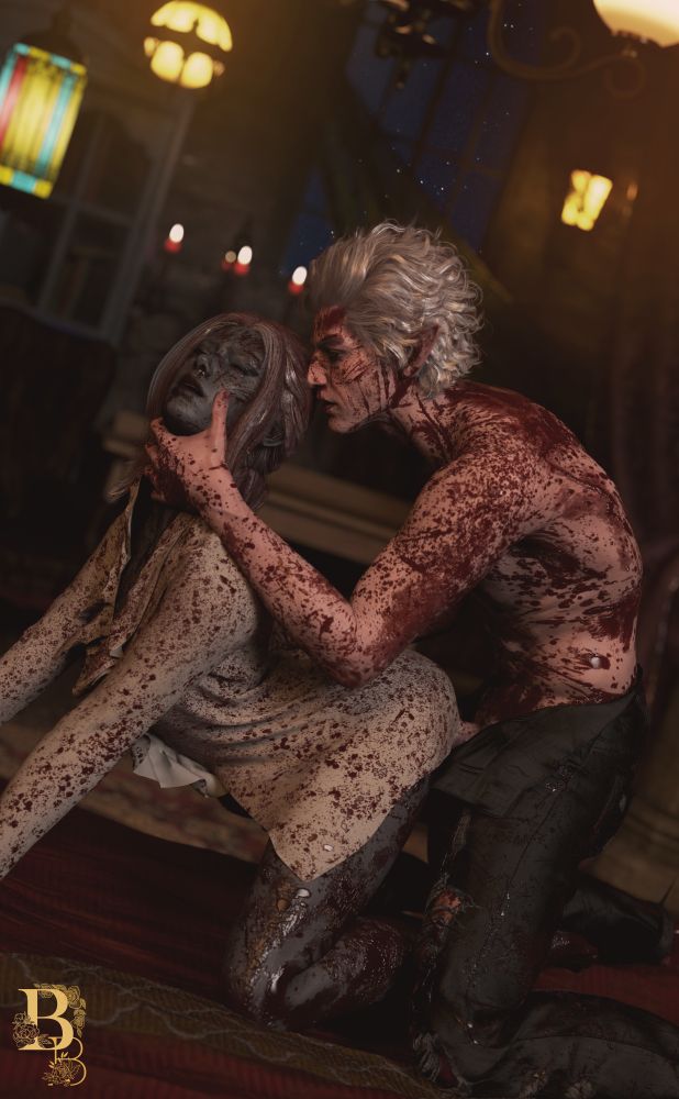 A 3d render of Astarion and his lover - a half-drow female oc named Eldari. They are both covered in blood and half-undressed. Astarion is fucking Eldari from behind, bending over her and holding her by the neck. It's nighttime, and they are in a cozy and nicely lit village cabin.