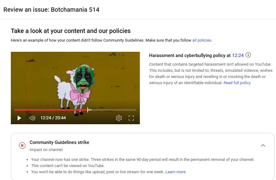 Botchamania 514 is removed due harassment and cyberbulling because Mr. Iguana is not a lamb