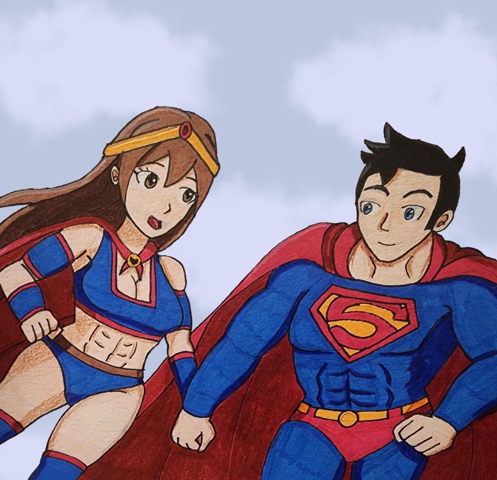 My OC Olesia and DC's Superman fly next to each other in the skies. Olesia is happy to be with the inspiration that helped create her.