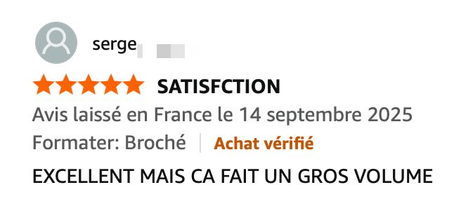 serge
SATISFCTION
Avis laissé en France le 14 septembre 2025
Formater: Broché | Achat vérifié
EXCELLENT MAIS CA FAIT UN GROS VOLUME
