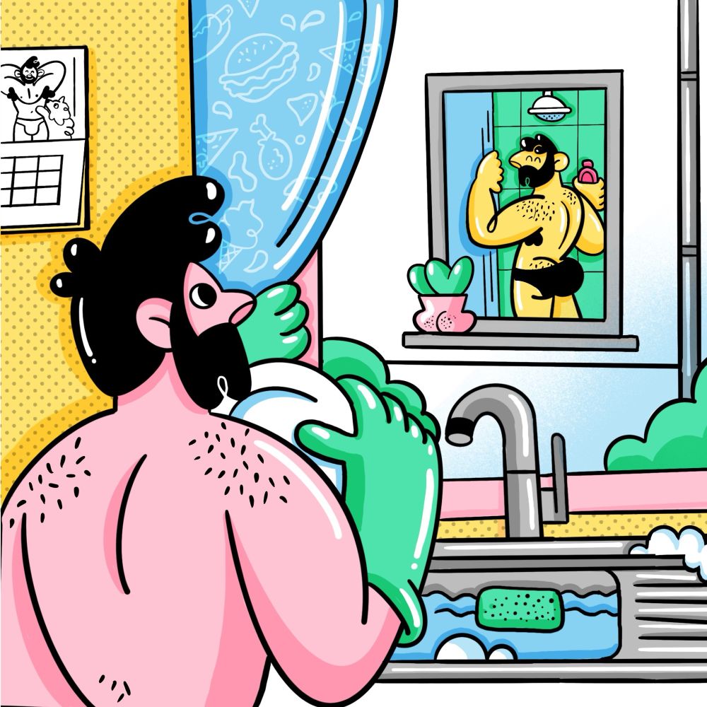 Un hombre fregando los cacharros mirando a otro en el baño 