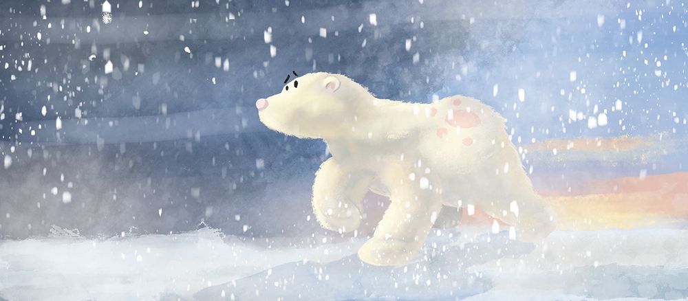 A full colour concept art illustration in wide screen format of a polar bear walking across the snow and ice from the right to the left. The arctic sun is setting over the horizon tinting the scene in beautiful orange and yellow tones