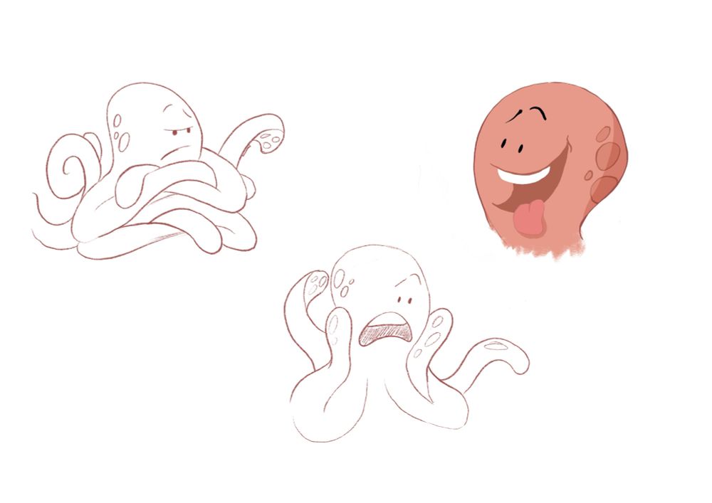 A page of two pencil sketches and one in full colour of my happy octopus character in different poses and expressions. The first has two sets of arms/tentacles folded looking grumpy. The second has his hands to his face like the Home Alone poster. The third is happy with his tongue sticking out :)