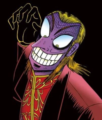 An illustration from the comic Akagi. It is a drawing of Washizu, an old man with a hooked nose, long hair slicked back and a large toothy smile, wearing an ornate shirt  under a jacket and a glove on his right hand.