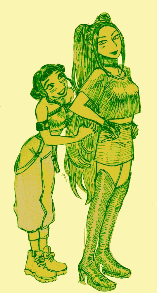 KPop Demon Hunters fan art. A sketch of Zoey, a young woman with a skinny body, dark hair in twin buns and short bangs with longer wavy strands that frame her face, wearing a sleeveless top and baggy pants, and Mira, a taller younh woman with a skinny body, very long dark hair with partial high pigtails, wearing a baggy crop top, a pencil mini-skirt and thigh high boots.

Zoey stands behind Mira, leaning into her space to play with her hair, smiling happily. Mira stands with her hands on her hips, slightly turning her head to smile back at Zoey.