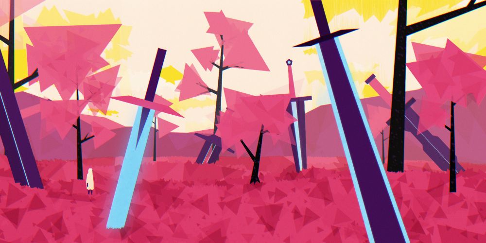 In a valley lies the remnants of a long-ended battle. Among the towering trees are an assortment of massive bladed weapons lodged into the ground and lost to time. A cloaked observer has traveled countless miles to this forgotten land, but why?