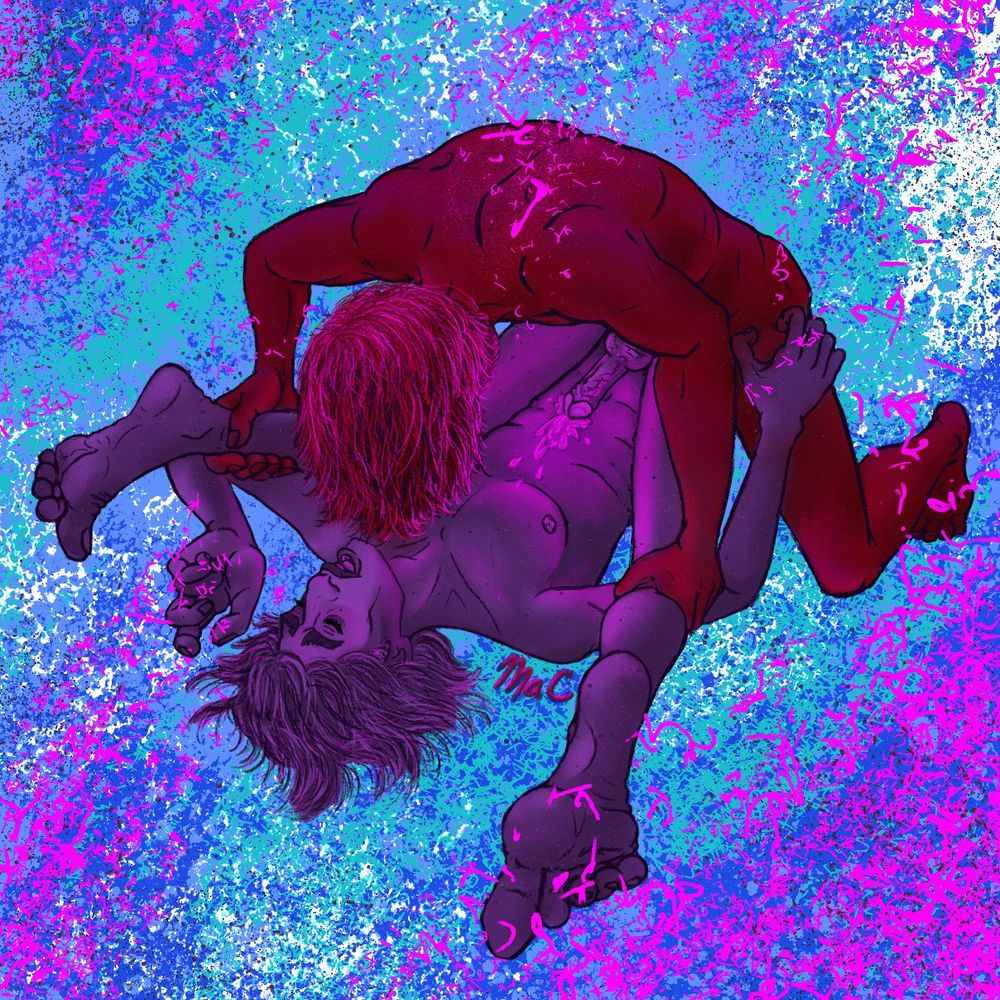 Arcane's Jayce (in red) and Viktor (in purple), colored to look stylistically like Masson's Trichrome stain. Jayce is folding Viktor up and pounding him from above. Viktor already came and looks very fucked out, clawing at Jayce's thigh with one hand, but Jayce is continuing to pound down. Viktors cum is almost metallic and is giving off a glow. Their skin is scattered with flecks giving a bit of a glittery effect, especially Jayces back, where his scar was. This can also be viewed as chromadepth art.

I broke from my usual of leaving their genders ambiguous cause I really just wanted to draw some shiny metallic cock.