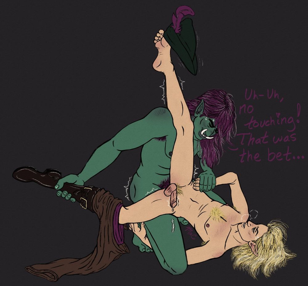 Art from this years Artfuck of my OC himbo orc screwing someone else's OC elf bard sideways.