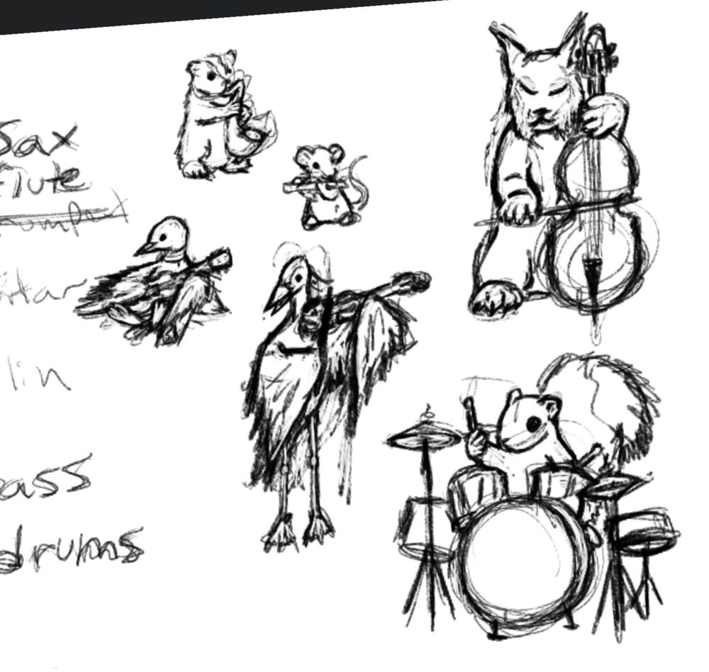 Wip sketches of various animals playing instruments.