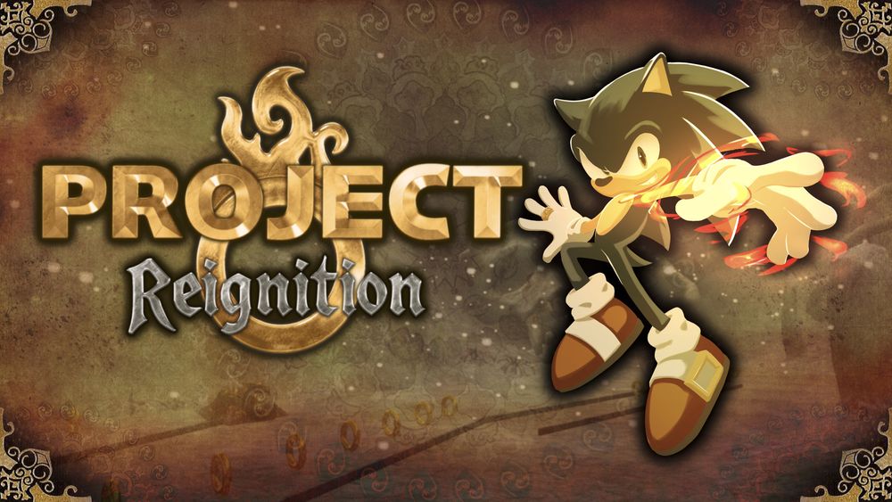 Banner art for the SAGE 2025 demo of Project Reignition, showing Sonic posing while channeling the Flame of Judgement. The background is a floral(?) pattern on a worn, yellowed page, reminiscent of the game's title screen, cross dissolved with a shot just outside of Skeleton Dome with a series of rails lain on the ground.