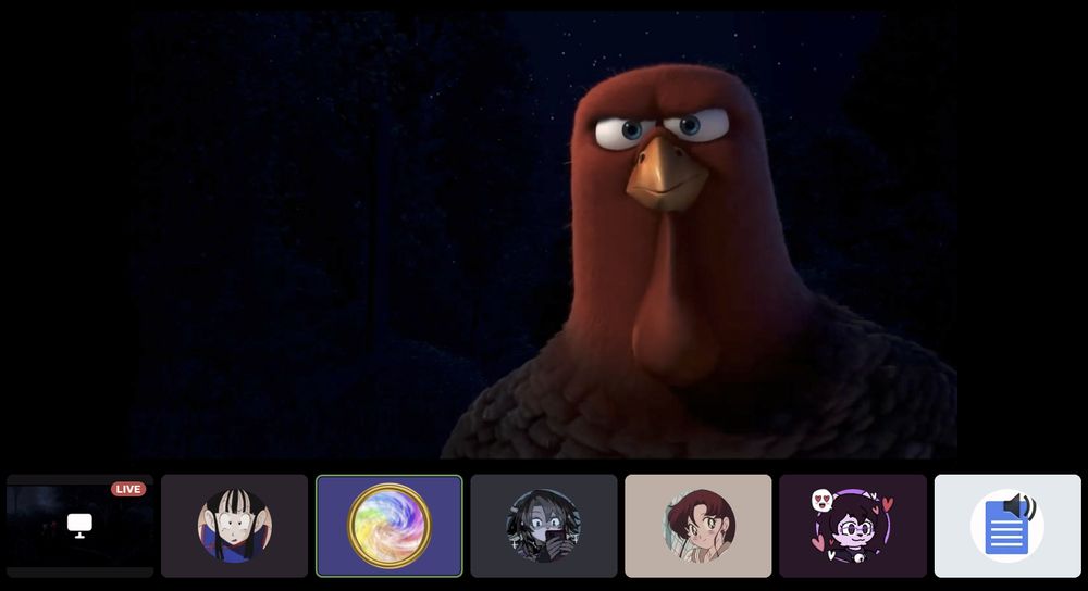 A screencap of a Discord voice channel, showing me and some other users (all my partners btw) underneath a stream of Free Birds. The screencap catches a frame from that one scene. You know the one.
