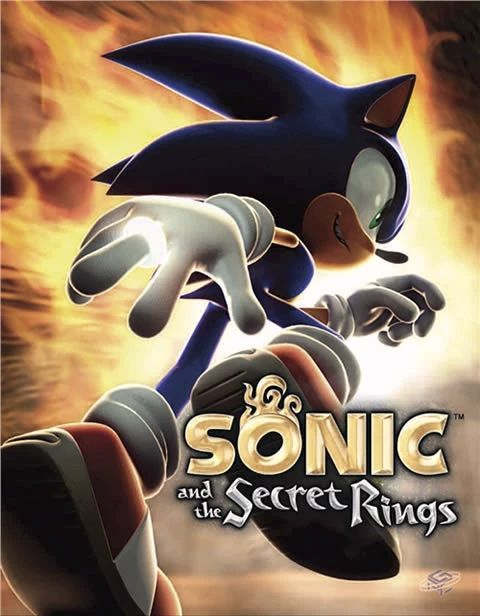 Promotional art for Sonic and the Secret Rings, showing Sonic running through what seems to be Sand Oasis; the background is somewhat obscured by orange flames around Sonic, implying he is in the middle of a Speed Break. He has a glowing ring around his middle finger.