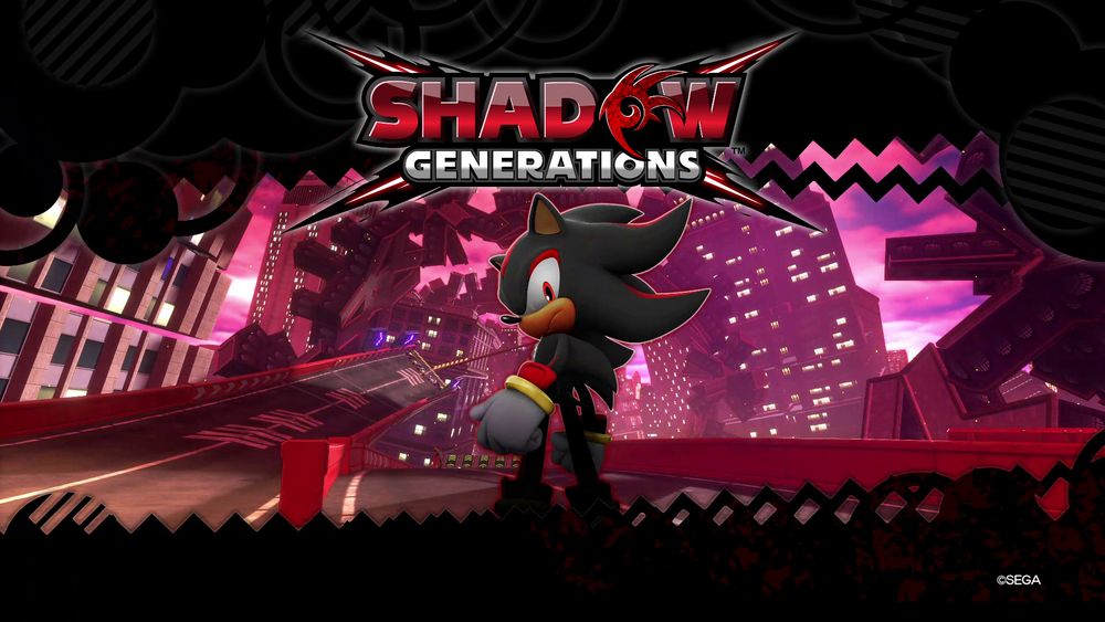 The title screen for the Shadow Generations half of Sonic X Shadow Generations. Shadow looks back at the camera while standing in the twisted, distorted version of Radical Highway in the Doom Zone. The view is letterboxed with abstract, bouncy patterns reminiscent of those seen in Sonic Generations' menus, but all in black.