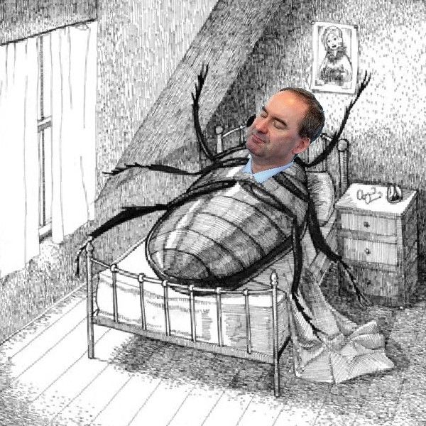 eine Bleistift- oder Kohlezeichnung von einer Kakerlake auf dem Rücken im Schlafzimmer im Bett liegend, bei der der Kopf gegen den von Hubert Aiwanger getauscht ist