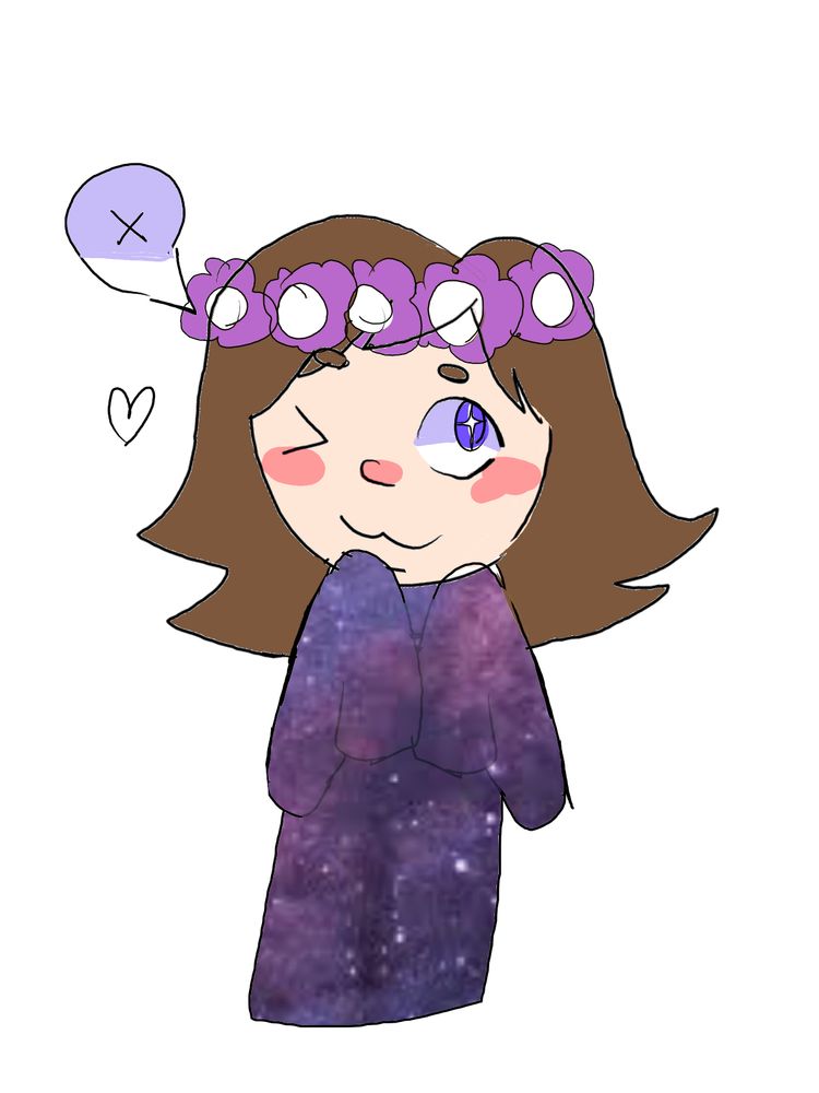 A drawing of a character with brown hair and pale skin, drawn wearing a galaxy print purple hoodie and a purple flower crown, with a stereotypical "cute" winking expression and glittering eyes. A heart and a little speech bubble with an X are drawn next to them. 