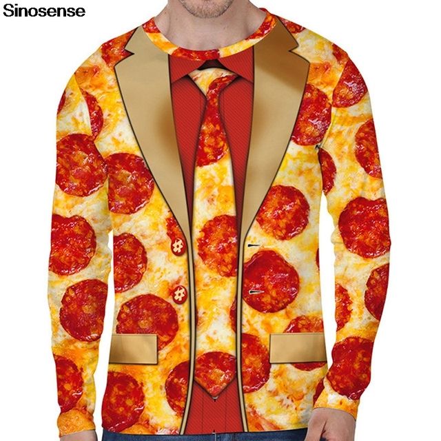 A photo of a man wearing a pizza-print long sleeve shirt that is patterned to look like a three piece suit. 
