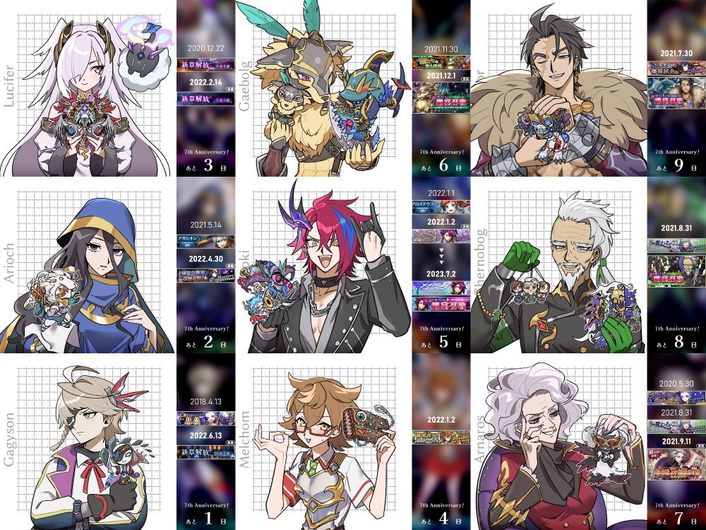 メギド７２のイラストが9枚結合された画像
実装順にバロールからガギゾンまでの9人が自身のメギド体のぬいぐるみを抱えている