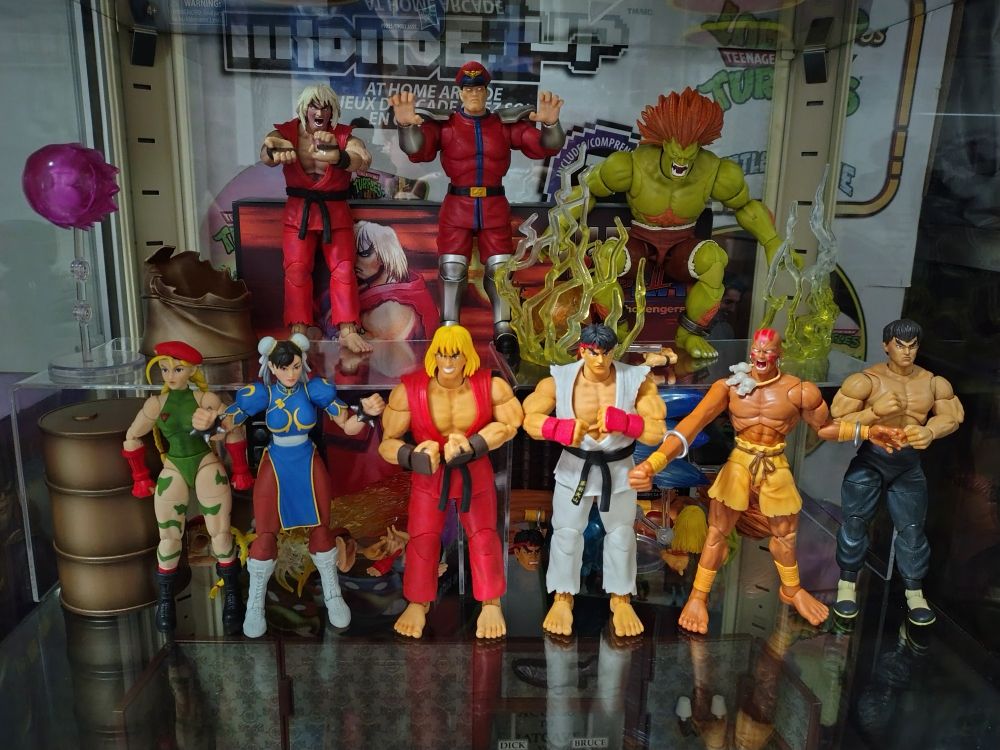 Photo of Jada street fighter 2 collection figures from bottom row Cammy, Chun-Li,Ken, Ryu, Dhalsim, Fei Long.
Top row Violent Ken, Bison, Blanka
