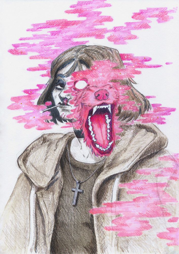 A grey and pink pencil, pen, and marker drawing of Klara - a teenage girl, and a changeling, a player character from Changeling: The Lost - a TTRPG game from the World of Darkness series (Chronicles of Darkness).

Klara is smoking a cigarette, with the pink tobacco smoke forming a head of a barking hellish dog, merging and mixing with the face of the girl. She has some cuts on her chin, and there is some blood coming from her nostrils. Her tired eyes look disinterestedly at the viewer.

Klara has dark, neck-long hair styled in a bob cut, wears a black choker, a dark grey shirt, an oversized light grey hoodie, and a silver necklace with a large cross.