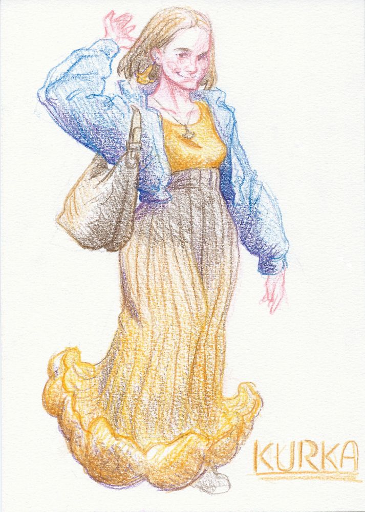 A colored pencil drawing of a woman in an outfit based on the golden chanterelle (cantharellus cibarius) species of fungus. She wears a yellow shirt, an unzipped short, indigo jacket with large sleeves, and a long, yellow-brown pleated skirt - it's lower part forms a shape resembling the chanterelle mushroom cap. The woman carries a brown bag on her right shoulder. She raises her right arm, with her hand behind her hair. She has light brown, shoulder-long hair. She wears chanterelle-shaped earrings and necklace. Text in the lower right corner of the drawing says "kurka" - the Polish name for the golden chanterelle.