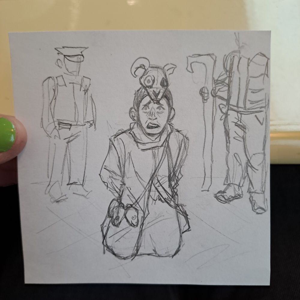 Sketch of the infamous pictures of Merasmus getting arrested by 2 police men. They're on their knees, looking very scared.