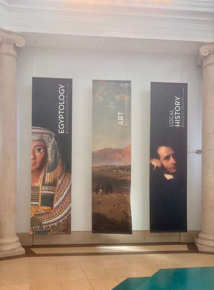 Three banners showing: Egyptology, Art and Local History 