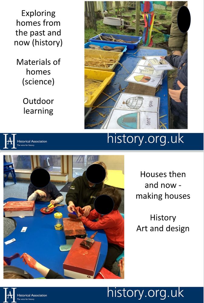 Images from a PowerPoint showing students doing outdoor learning in a special school with cards showing different kinds of homes, and looking at similarity and difference in art work building house 