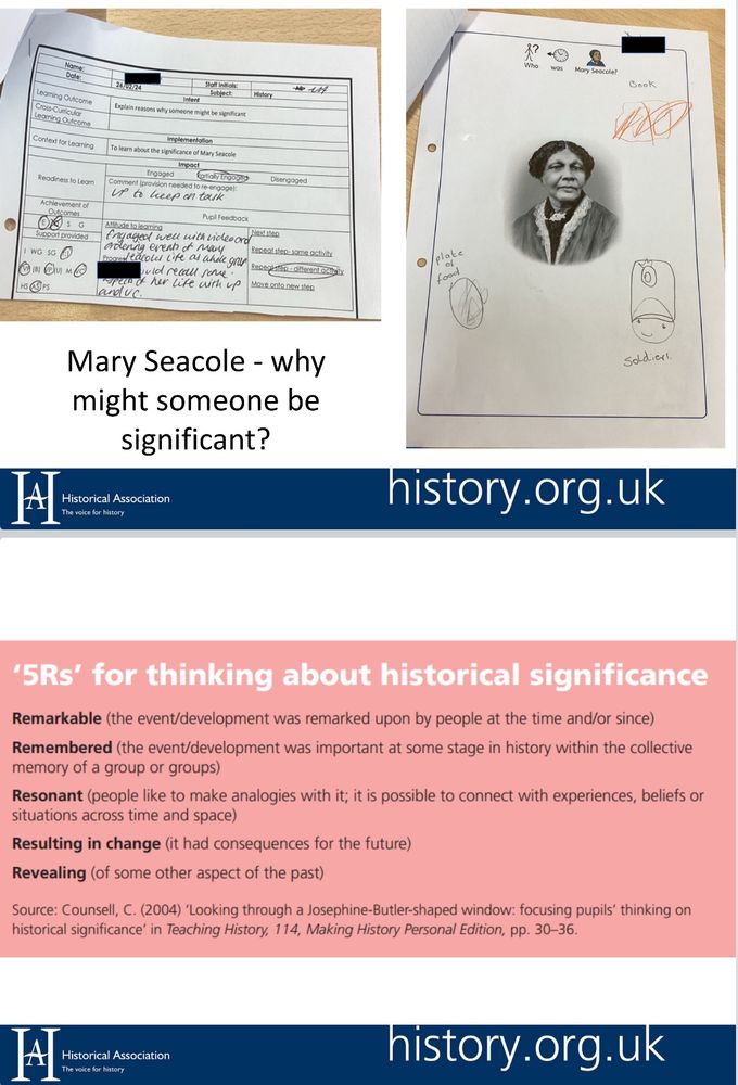 Slides from PowerPoint showing some student work on why Mary Seacole was significant, and Christine Counsell’s 5Rs of historical significance 
