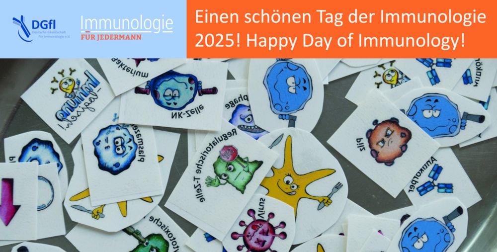 Zum Internationalen Tag der Immunologie ist hier ein Bild mit Tattoos zu sehen, die unter anderem verschiedene Immunzellen zeigen. Eine Anleitung zum Umsetzen der Tattoos ist zum kostenfreien Downoald vorhanden: https://das-immunsystem.de/wp-content/uploads/2025/01/Spiele-Kit_2025_final_web.pdf
