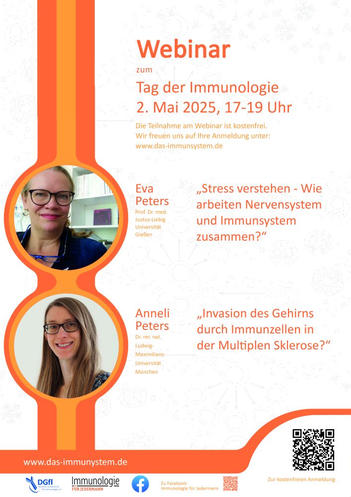 2. Mai von 17-19 Uhr / Webinar zum Tag der Immunologie 2025
Unser Webinar zum Tag der Immunologie ist ein allgemeinverständlicher Vortrag über das Zusammenwirken von Stress und Immunsystem sowie zu aktueller Forschung bei Multipler Sklerose. 

Prof. Dr. Eva Peters und Dr. Anneli Peters werden einen je 20–30-minütigen Impulsvortrag halten mit anschließender Gelegenheit für Fragen. Bereits mit der Anmeldung können Fragen gestellt werden, diese werden an die Referentinnen weitergeleitet. 


Zur Anmeldung geht es hier: https://das-immunsystem.de/tag-der-immunologie/webinar-2025/