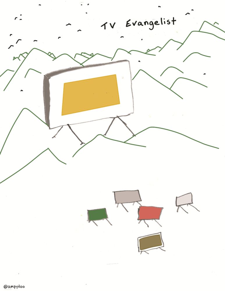 Group of small TVs watching large TV. Caption: TV Evangelist.