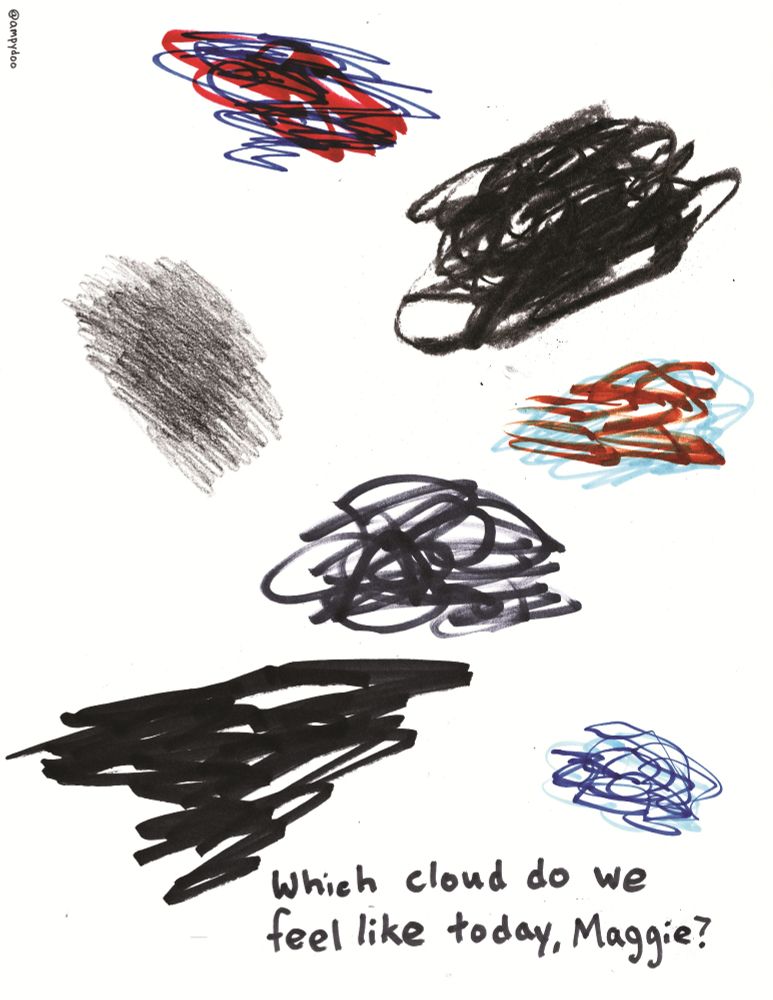 7 different scribbles. Caption: Which cloud do we feel like today, Maggie?