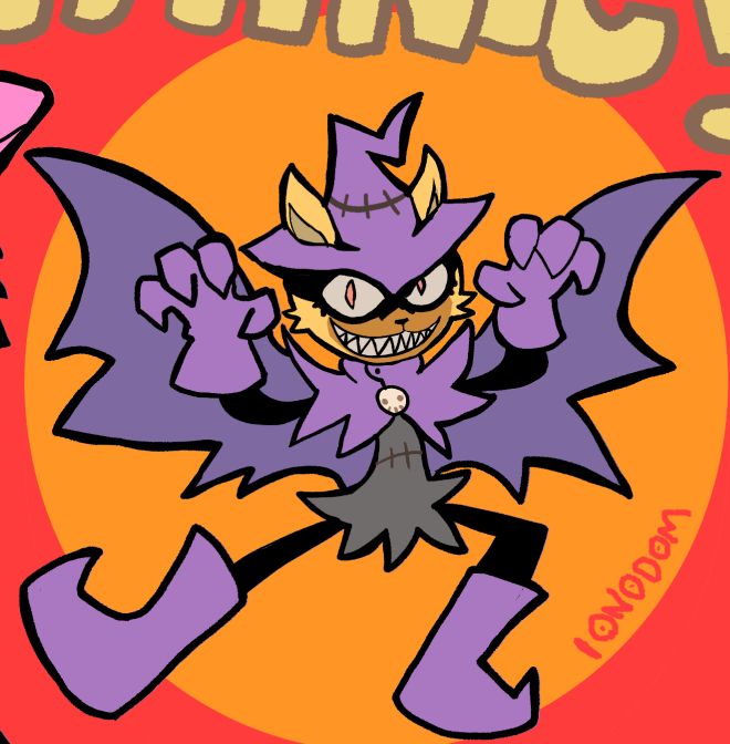 A cat dressed like a witch strikes a pose. Her cape forms the shape of wings. Above her is some text that's been cropped/rendered unreadable. Ah well