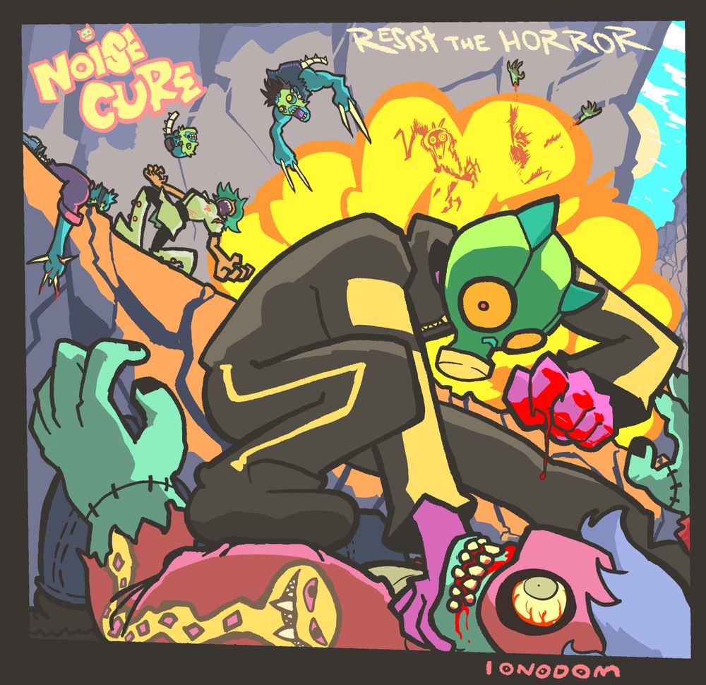 A man in a gas mask (Cuss), pauses midway though fighting a zombie as an explosion goes off behind him. In front of the explosion, a woman (Claire) appears to be screaming over a fallen foe. Several "zombie-like" creatures are caught in the explosion and experience varying degrees of dismemberment. Each of the zombies are wearing what appear to be skinned faces, though the zombie in the foreground wears a pink "phantom" mask, and rocks a jacket with a stylized snake going down his arm sleeve. Text reads: "Noise Cure" "Resist the Horror"