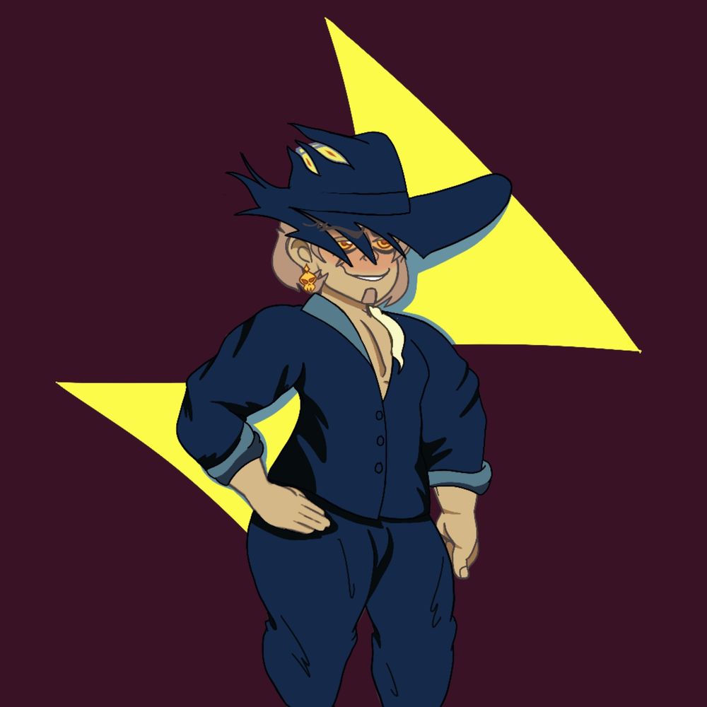 Drawing of a cocky guy wearing a dark blue suit and a tattered hat.